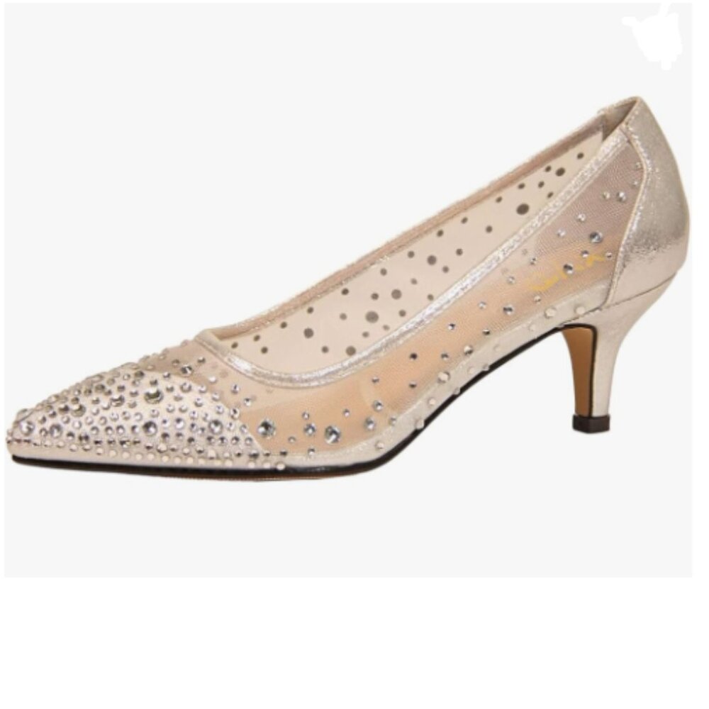 XYD Champagne Pointed Toe Slip On Mesh Pumps Rhinestone Studs Kitten Heels Shoes